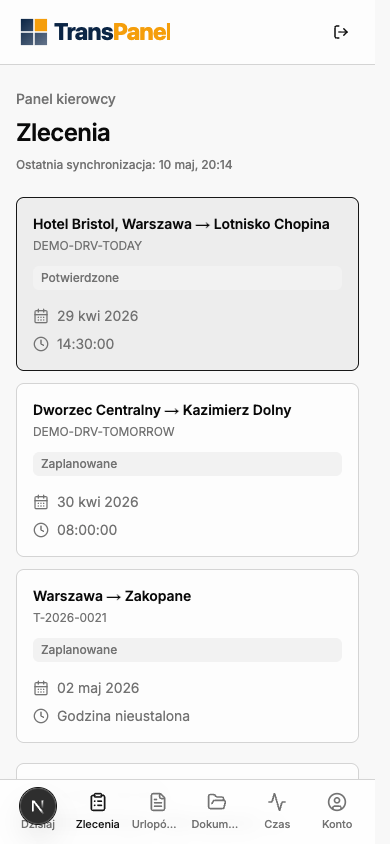 Mobilne konto kierowcy TransPanel z listą zleceń
