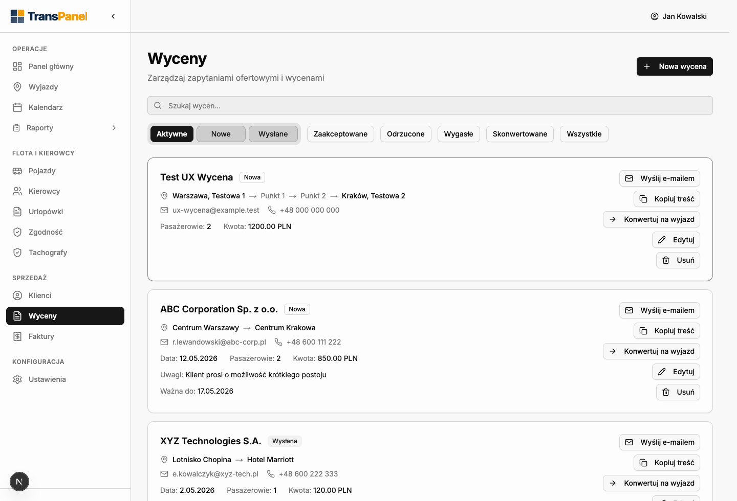 Lista wycen i formularz nowej wyceny TransPanel